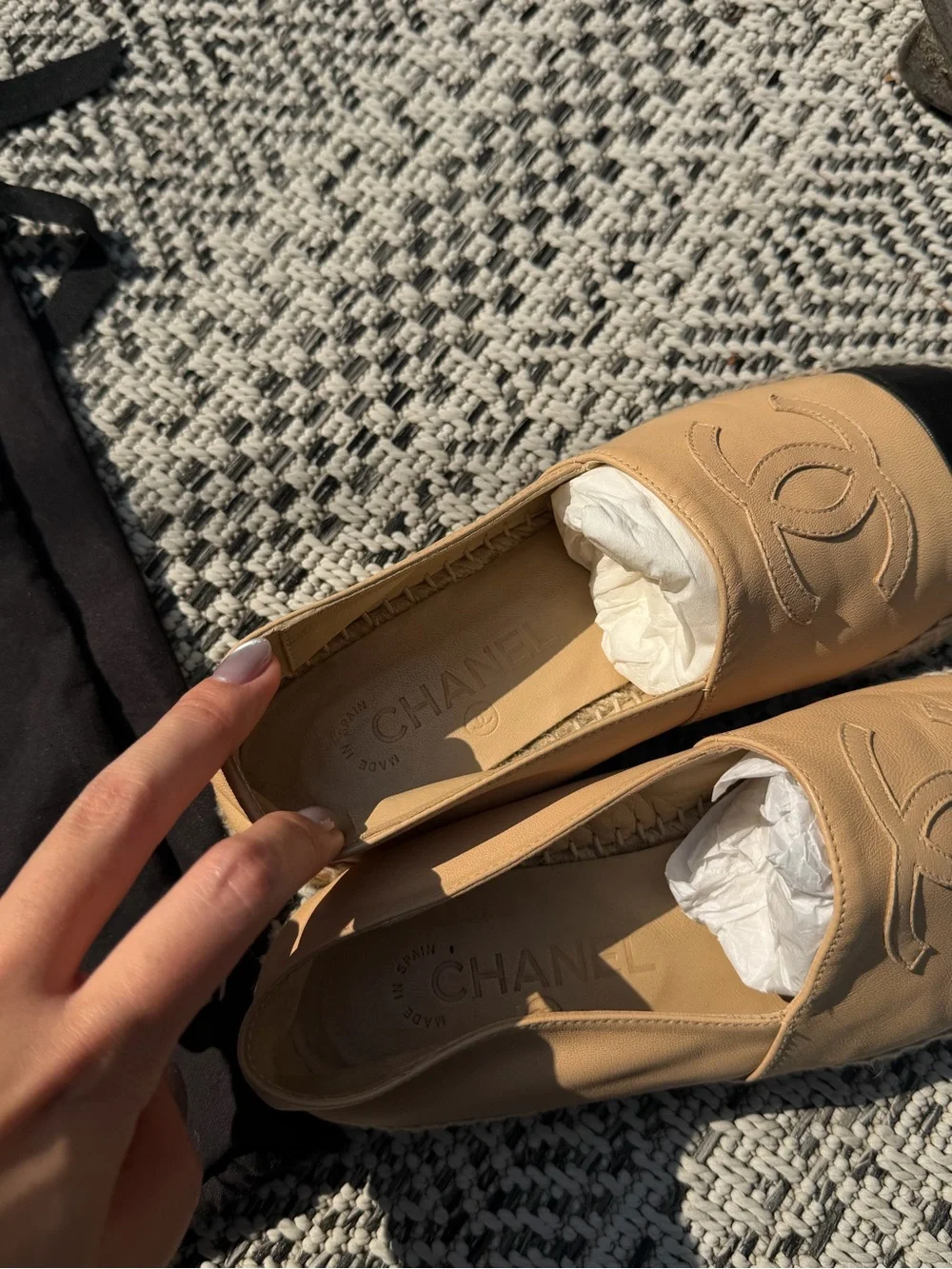 CHANEL Beige Leather Espadrilles with Black Cap Toe